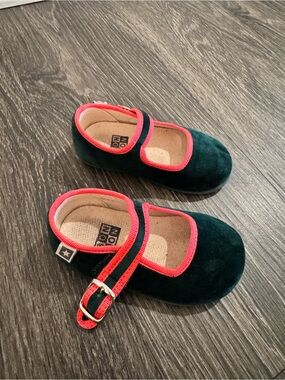 Children's Mary Jane Shoes in Dark Green with Red Trim - Bonton